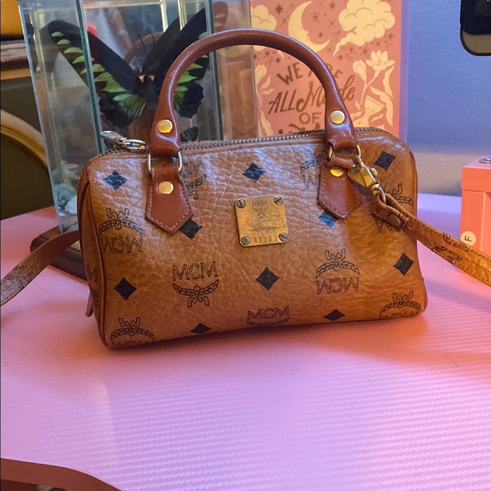 Vintage MCM Mini Bag with Monogram Pattern and Gold Accents. Made in Germany.